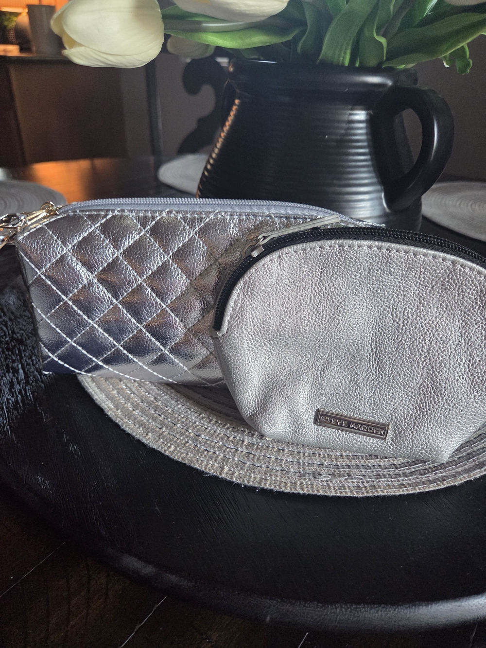 Metallic Silver Quilted and Pebbled Cosmetic Pouch Set